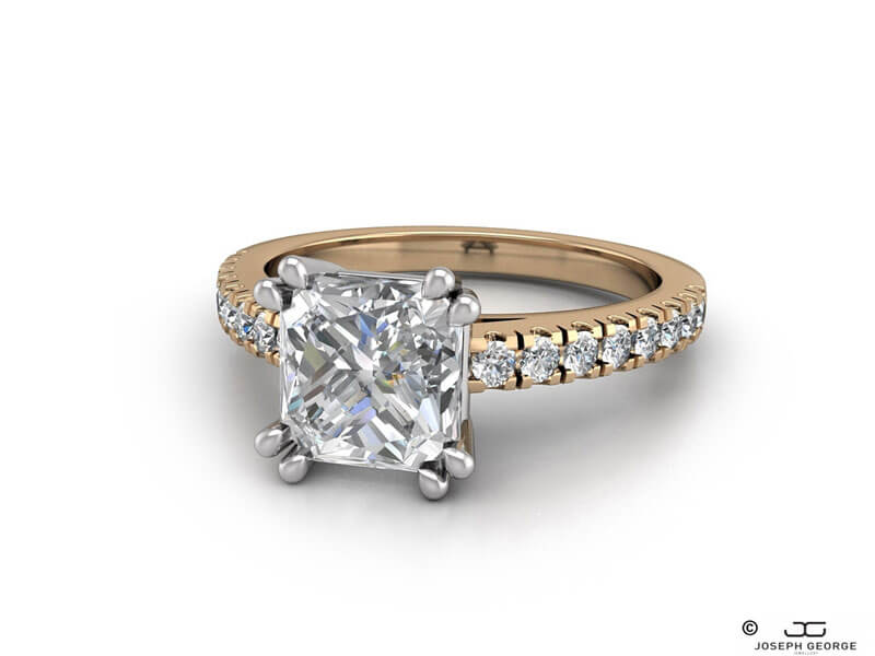Our glamorous Timothea engagement ring with a radiant cut diamond. 