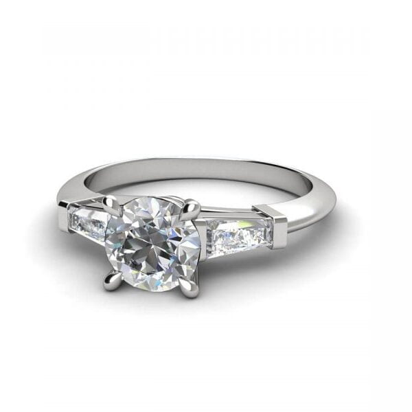 Electra three-stone engagement ring with round and baguette diamonds