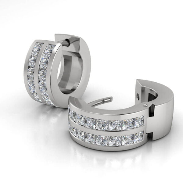 Double channel set huggie earrings with princess cut diamonds in 18k white gold- Cora