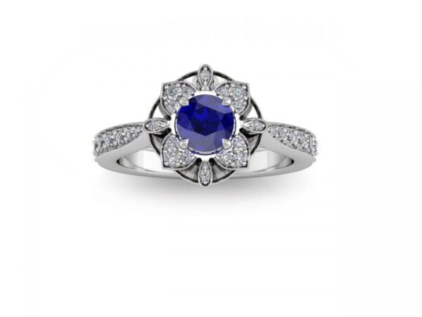 White gold round sapphire flower engagement ring - phoibe