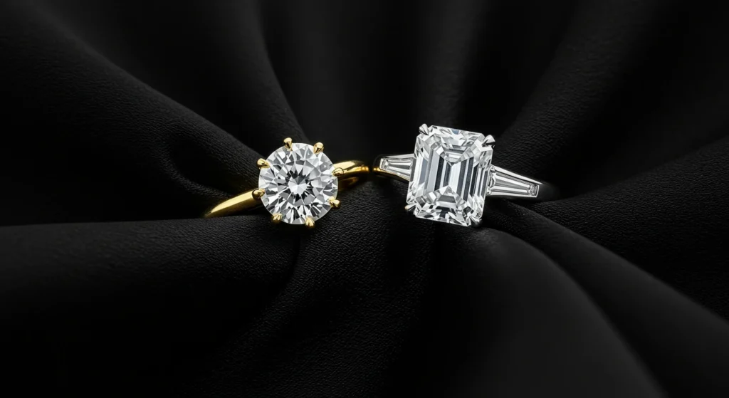 Engagement rings with 3ct Round and 5ct Emerald Cut Diamonds