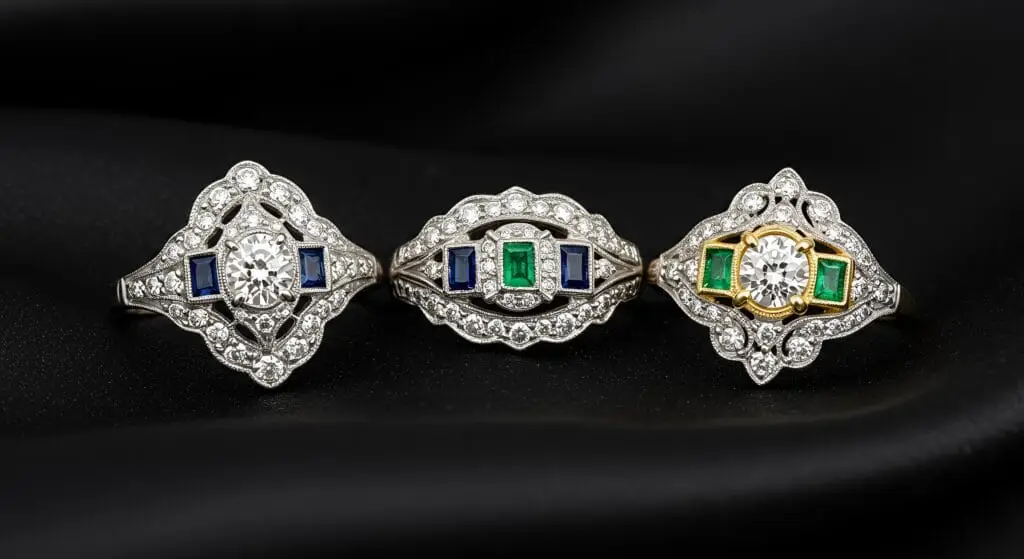 Three vintage 1920 engagement rings, diamonds,emeralds and sapphires
