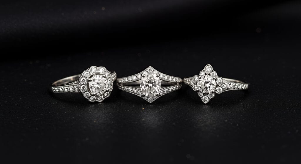 Vintage 1920 engagement rings are a timeless classic 2 Three vintage 1920 engagement rings with round and oval diamonds
