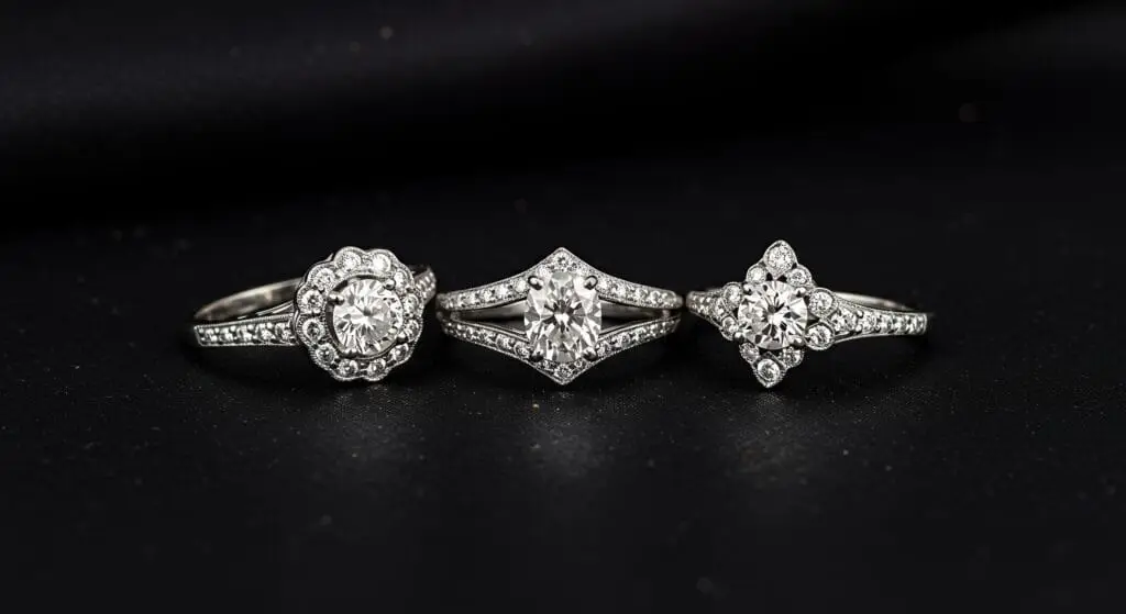 Three vintage 1920 engagement rings with round and oval diamonds