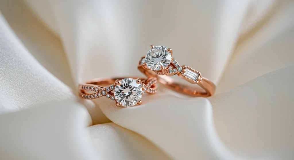 Rose gold engagement rings: the latest trend in jewelry 1 Two rose gold engagement rings