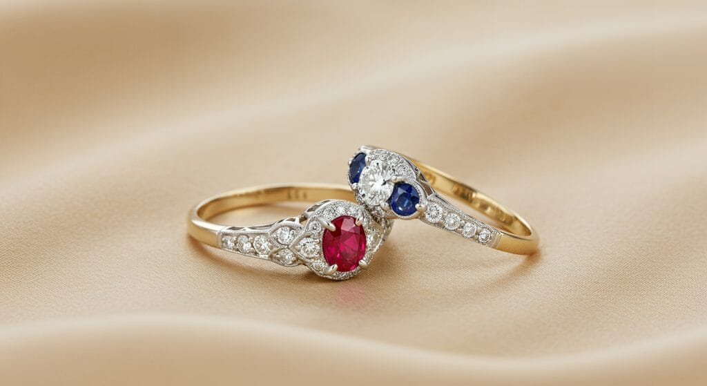 Two Vintage 1920 Engagement Rings, diamonds,ruby and sapphires