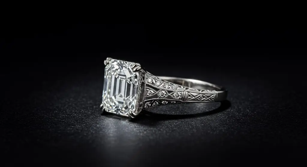 Vintage 1920 engagement ring with an emerald-cut centre diamond