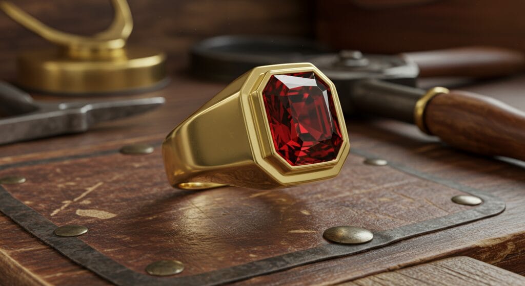 Custom-made rings for men 7 Yellow gold men's dress ring with octagonal ruby