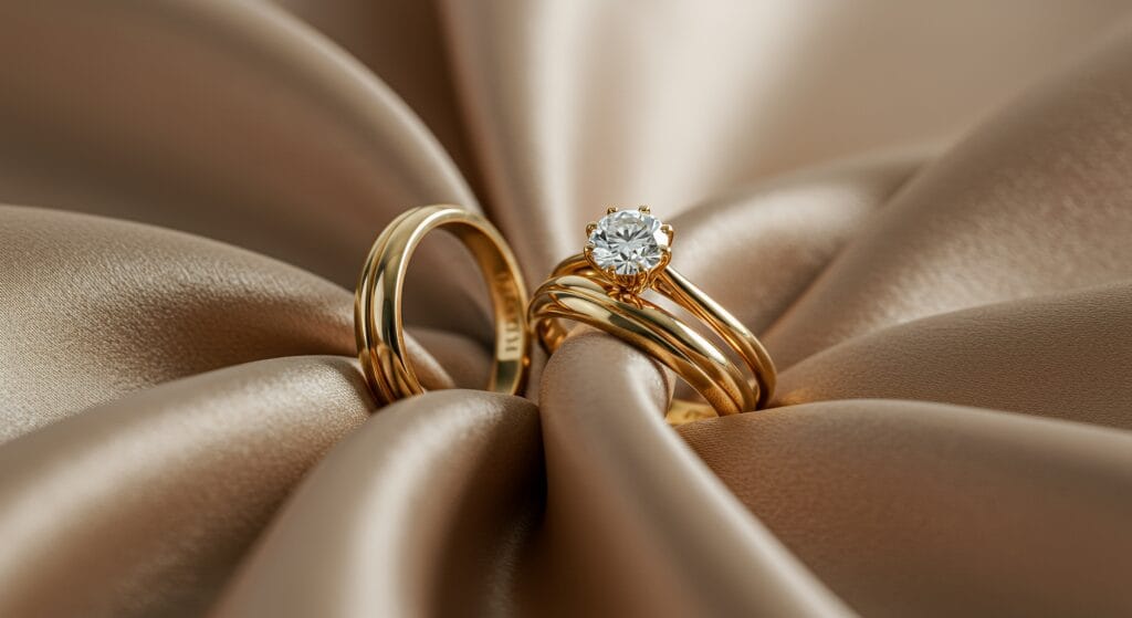 Custom-made same-sex wedding rings and engagement rings by joseph george jewellery 5 18k yellow gold wedding and engagement ring
