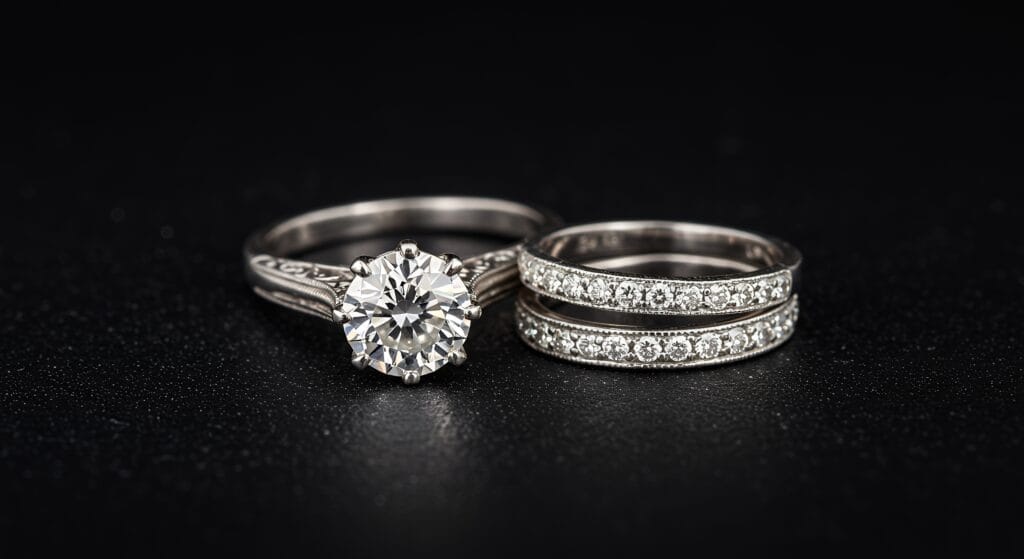 Custom made wedding rings 2 Platinum diamond solitaire with diamond wedding rings